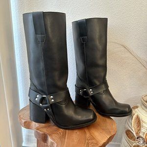 Good Guys Dont Wear Leather Sz 37 / 7 Vegan‎ Black Moto Boots Mid Calf Pull On